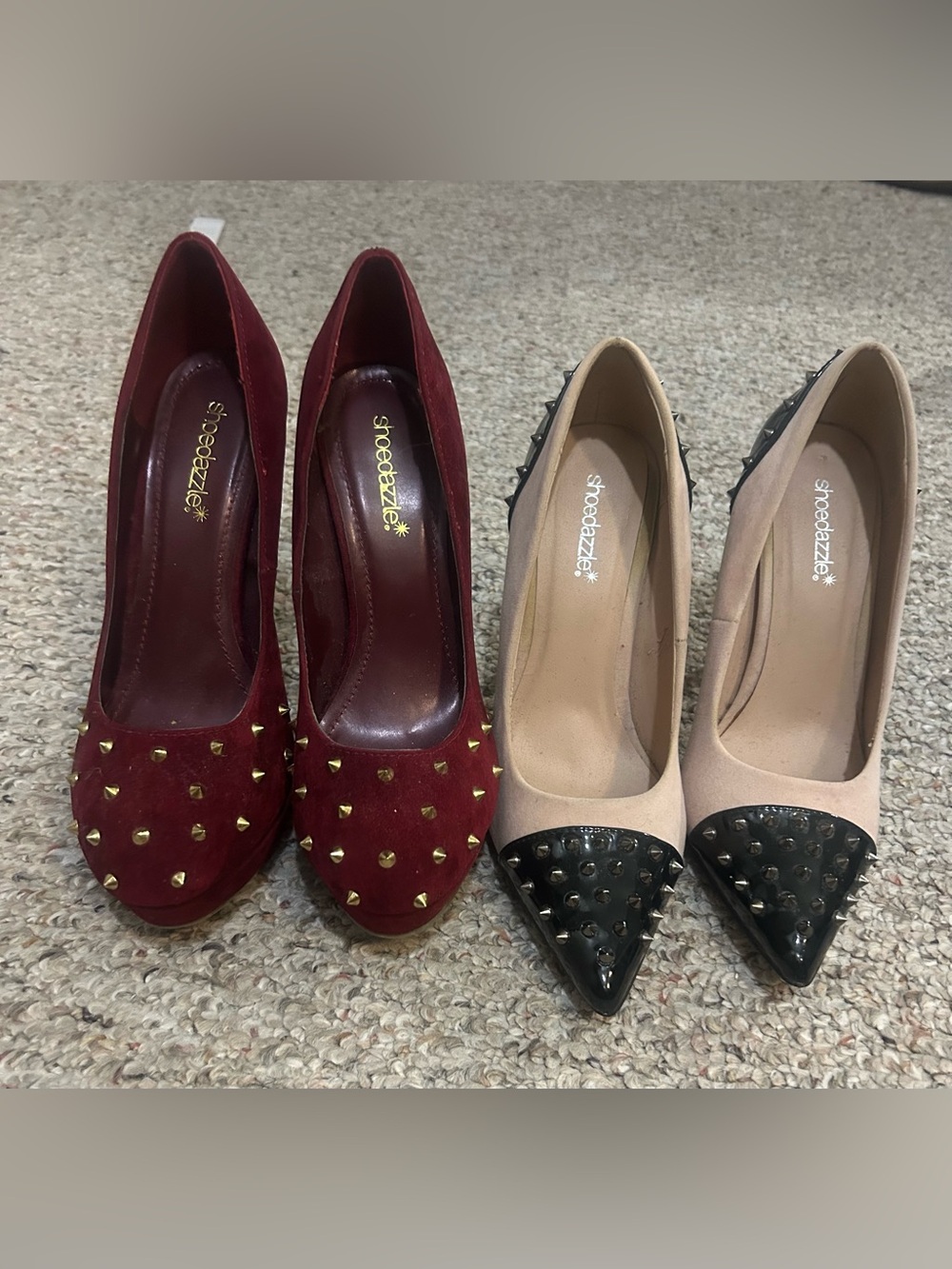 Shoe Dazzle Studded Pointed Toe Pumps in Burgundy and Beige with Black Caps